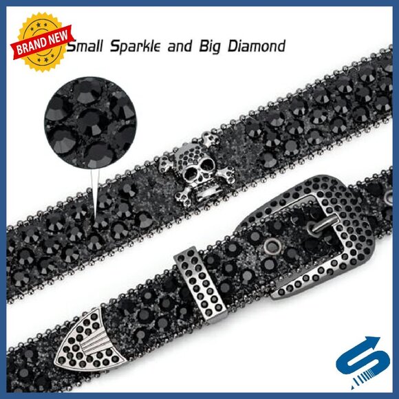 Rhinestone Studded Skull Belt Western Style Faux Leather 1.3\